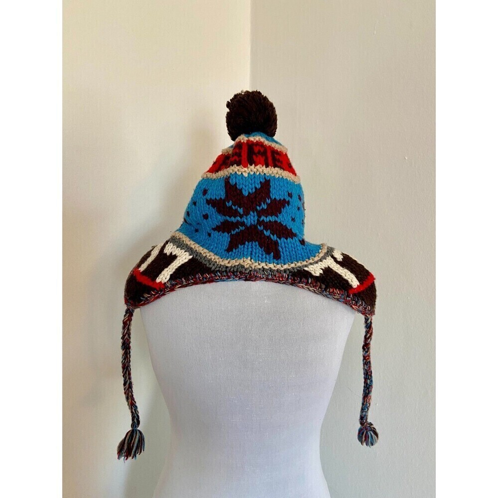 American Eagle VTG y2k Wool Faux Fur Fleece Trapper Hat Snowflake Red Blue Pom 7